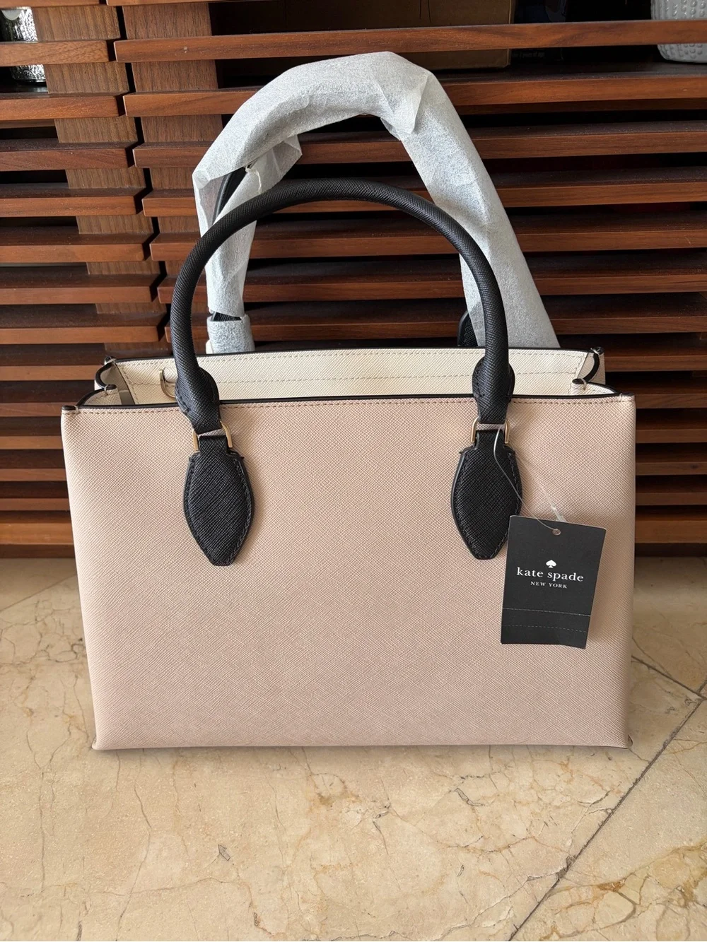 Kate Spade Rae Medium Satchel Warm Beige Black Saffiano NWT KK992